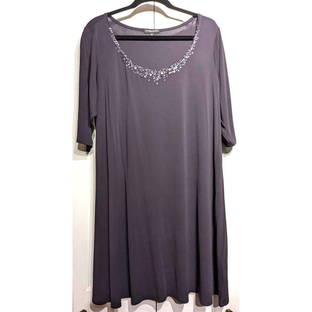 Eileen Fisher Dress Womens Plus 1X Purple Silk Sequin Scoop Neck Sleeve EUC